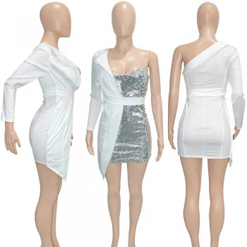 Sequined Blazer Dress Women Long Sleeve One Shoulder Bodycon Mini Dress Patchwork Sparkly Night Club